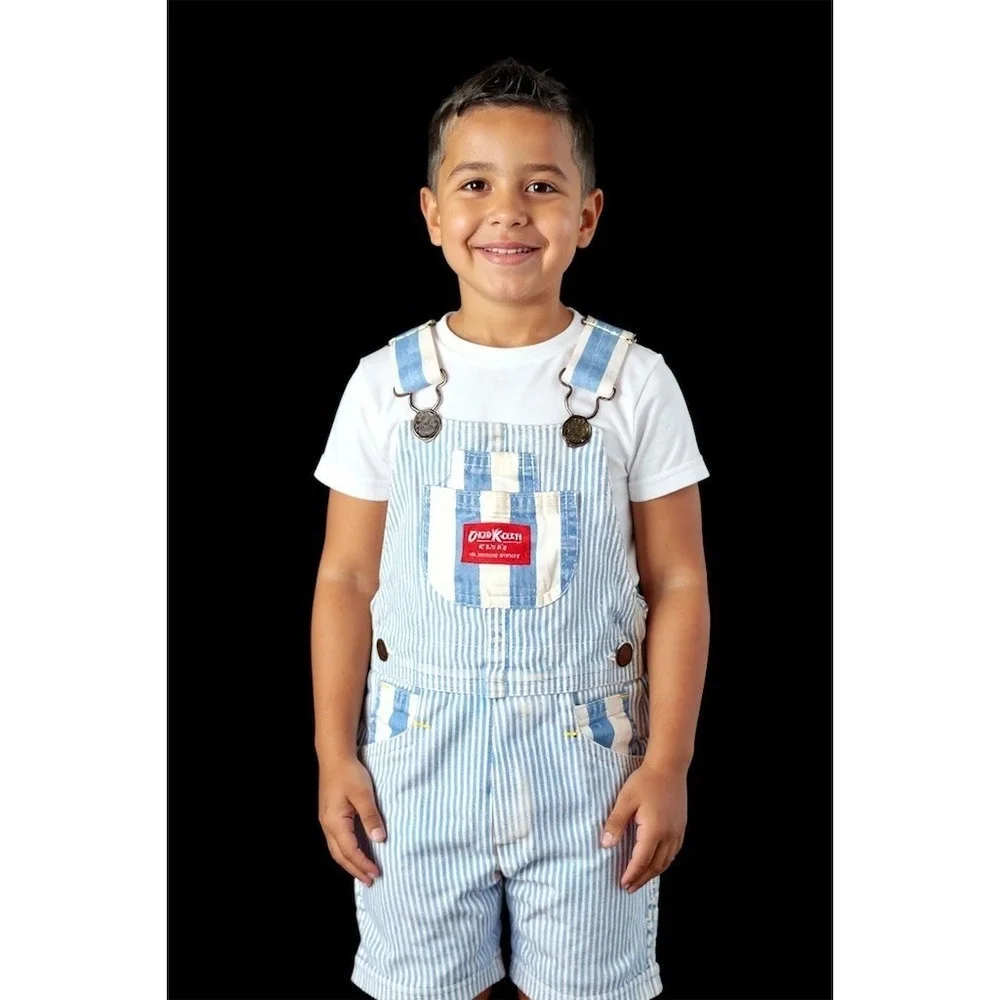 OshKosh B'gosh Overalls Boys 3T Blue White Hickory Stripe Short Bib Vtg vestback